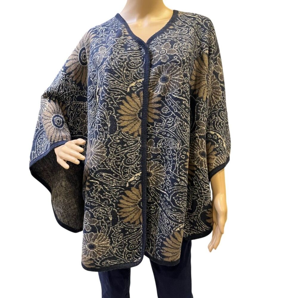 ACE Fashion Floral Tapestry Cape Wrap Shawl Wool Blend Open Front Blue Brown OS